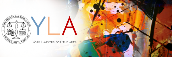 alt="A colorful abstract background with the text "YLA" and "York Lawyers for the Arts," alongside a seal of the York County Bar Association.