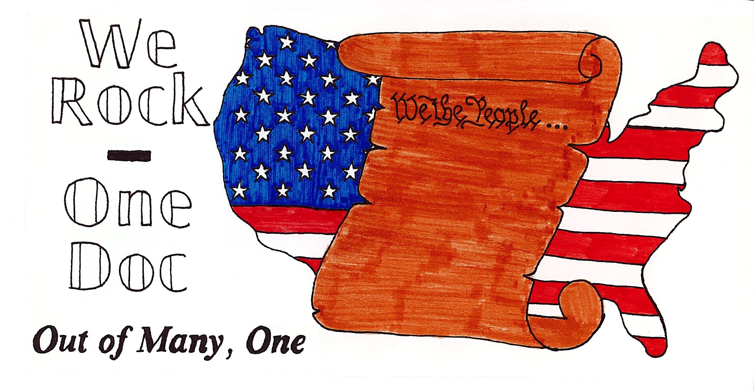 A colorful illustration featuring a map outline filled with the American flag and a scroll with
