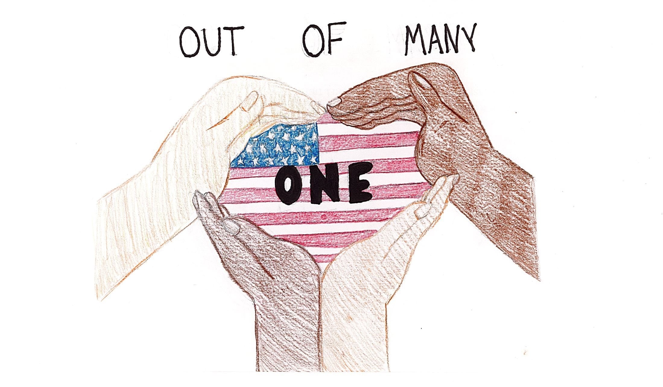A drawing of diverse hands forming a heart around an American flag, with the text