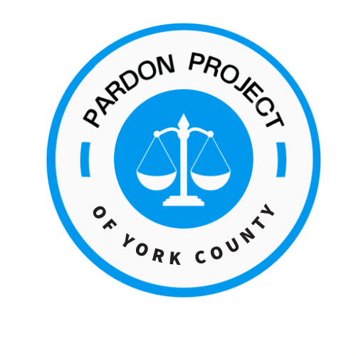 Logo featuring a blue circle with a white inner circle, scales of justice in the center, and the text "Pardon Project of York County."